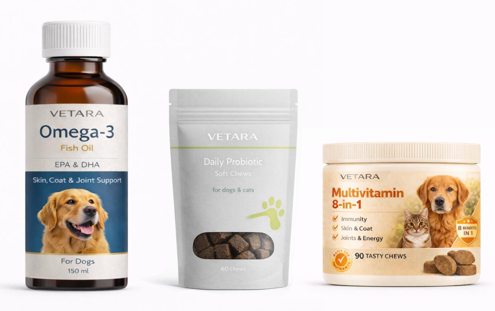 Veterinary omega supplements and pet nutritional finished products